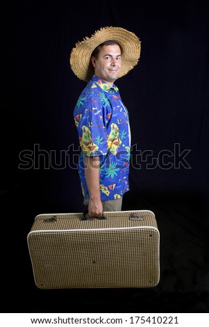 young silly man traveler, full body, in black background