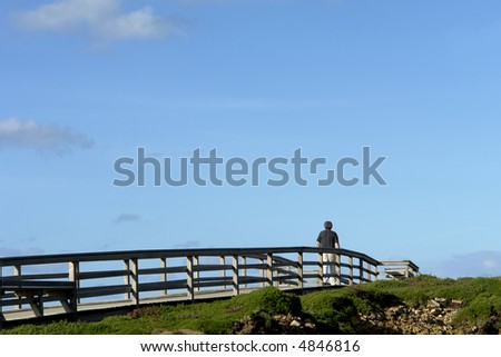man walking in the wood path at the coast