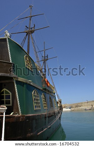 pirate boat, attraction of rethymno in crete island, greece