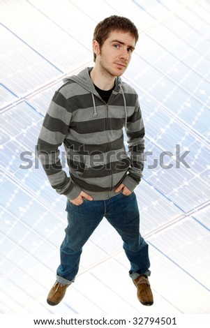 young casual man full body standing on a glass