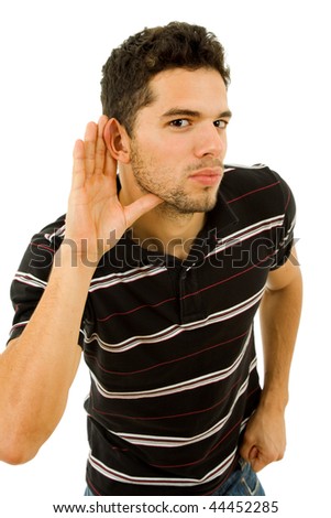 young man with open hand, hearing something