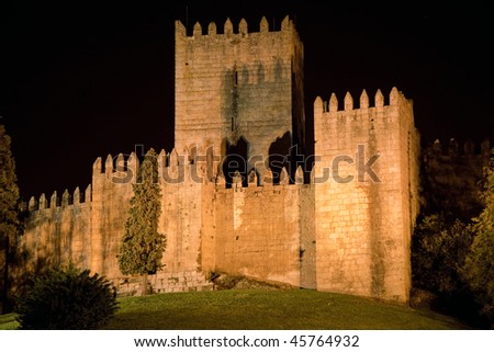 Guimaraes Castle at night, home of the first Portuguese King, Afonso Henriques, this is the place where Portugal was born. Guimaraes is in the north of the country.