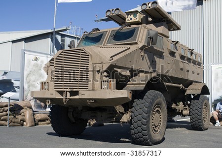 The GILA bullet-proof armoured personnel carrier  fitted here with four rocket launchers.