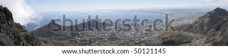 A panoramic view of Lions Head, Signal Hill and the city bowl of Cape Town, South Africa, as seen from the top of Table Mountain
