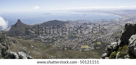 A panoramic view of Lions Head, Signal Hill and the city bowl of Cape Town, South Africa, as seen from the top of Table Mountain