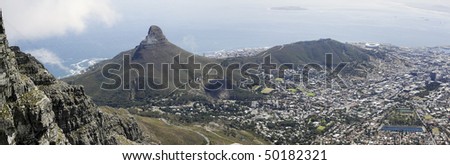 A panoramic view of Lions Head, Signal Hill and the city bowl of Cape Town, South Africa, as seen from the top of Table Mountain.