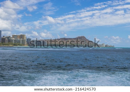 Description:  Honolulu viewed from offshore on an Autumn afternoon. Title:  Honolulu Waters.