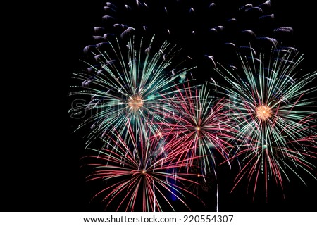 Description:  Fireworks finale of red, blue, green, orange, and gold colors. Title:  Turquoise Fireworks.