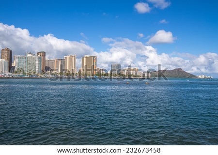 Honolulu, Hawaii, June 4, 2014: Panorama view of the Hilton Rainbow Tower and the hotels of Waikiki, June 4, 2014.