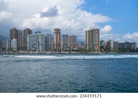 Honolulu, June 20:  Offshore view of the  Ala Wai Harbor and luxury hotels in Waikiki.  Honolulu, Hawaii, USA.  June 20, 2014