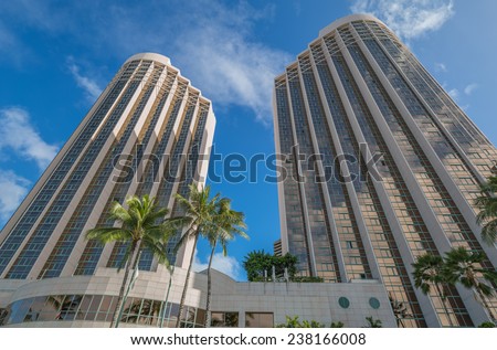 Honolulu, Dec. 16:  The twin towers of the refurbished Hawaii Prince Hotel  in the morning sunlight. Honolulu, Hawaii, USA.  Dec. 16, 2014.