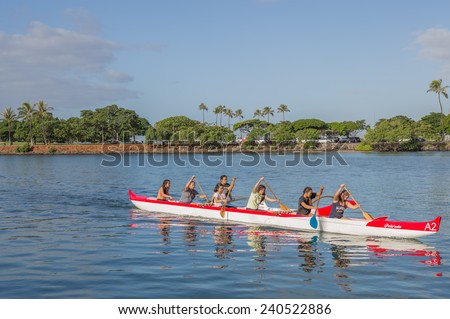 Honolulu, Dec. 29:   Close-up of an outrigger canoe team training for the Hawaii State Canoe Championships.  Honolulu, Hawaii, USA.  Dec. 29, 2014.