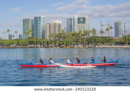 Honolulu, Dec. 29, 2014:  Top ranked Women\'s Outrigger Canoe Team at a final practice before the Hawaii State Outrigger Canoe Championships.  Honolulu, Hawaii, USA.  Dec. 29, 2014.