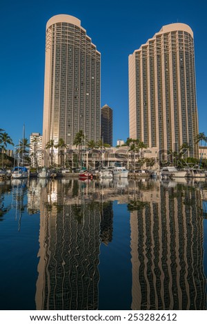 Honolulu, Feb 16:  Fresh rains have cleaned the Ala Wai Harbor and the twin towers of The Hawaii Prince Hotel.  Honolulu, Hawaii, USA.  February 16, 2015.