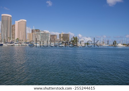 Honolulu, Feb. 23, 2015:  Ocean view of Waikiki businesses and hotels.  Honolulu, Hawaii, USA.  February 23, 2015.