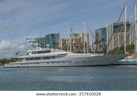 Honolulu, March 3:  A new super yacht has arrived in Honolulu Hawaii to be viewed by a potential customer.  Honolulu, Hawaii, USA.  March 3, 2015