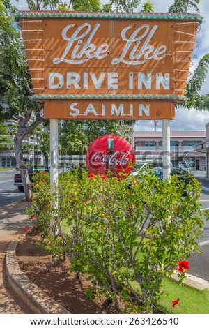 Honolulu, Hawaii, USA,  March 25, 2015:  Now a third generation family business, the Like Like Drive In is a Honolulu landmark and home to award winning local foods.