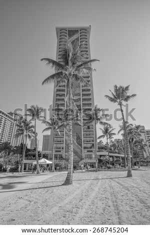Honolulu, Hawaii, USA, April 13, 2015:  The Hilton Hawaiian Village Rainbow Tower has been rebuilt and modernized:  Hilton Hotels and Resorts are a world class destination for singles and families.