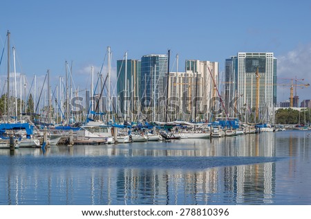 Honolulu, Hawaii, USA, May 18, 2015:  Honolulu morning view of the restored Ala Wai Small Boat Harbor as the State of Hawaii prepares to welcome  the visiting boaters.