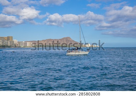 Honolulu, Hawaii, USA, June 8, 2015:  Evening time in Waikiki with a Diamond Head background as a boat heads out for a 3 hour tour.