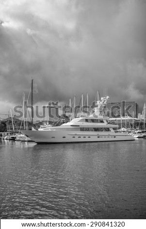 Honolulu, Hawaii, USA, June 26, 2015:  The Waikiki Yacht Club is hosting a large yacht on a voyage around the world.  Waikiki Yacht Club is Honolulu's premier yacht club.