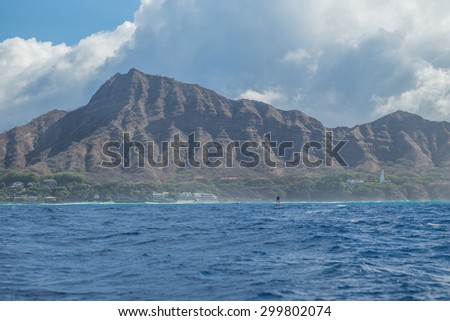 Honolulu, Hawaii, USA, July 25, 2015:  Morning view of the finish line for the 2015 Transpacific Yacht Race:  Yachts cross the line between Diamond Head Lighthouse and the Diamond Head Buoy.