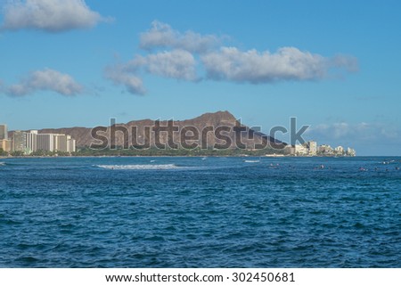 Honolulu, Hawaii, USA, August 2, 2015:  Dusk view of Waikiki hotels and Diamond Head crater.  Waikiki is the premier vacation destination for many tourists.