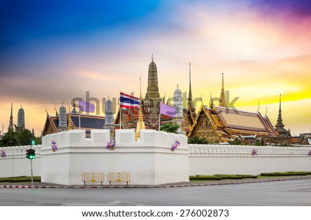 The beauty of the Emerald Buddha Temple. And while the gold of the temple catching the light. This is an important buddhist temple of thailand and a famous tourist destination.