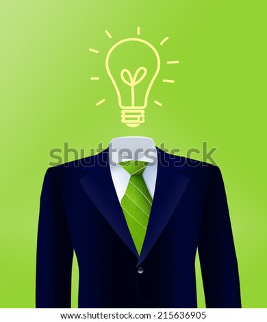 Green business idea represented through a business suit, tie made of leaves and light bulb as head.