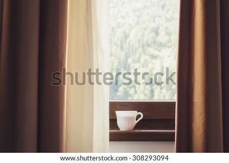 Cup of coffee at the window. Warm tones