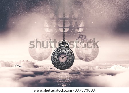 Hypnotising watch on a chain swinging above clouds. Time concept