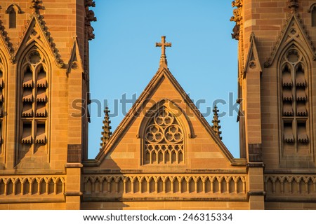 SYDNEY-DECEMBER 28 : St.mary\'s cathedral church with blue sky in Sydney ,Australia on 28 December 2014.St.mary cathedral church is the biggest church in Sydney.