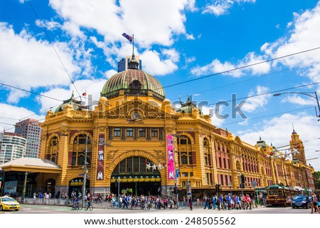 MELBOURNE, AUSTRALIA - December 30 2014: Iconic Flinders Street Station was completed in 1910 and is used by over 100,000 people each day - December 30 2014, Melbourne Australia,