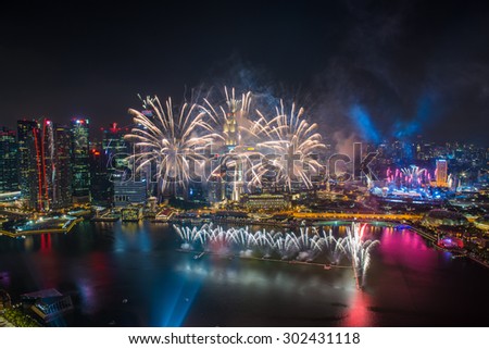 Singapore - Aug 01, 2015: Singapore National Day dress rehearsal Sands Hotel fireworks