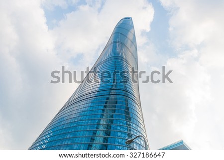 Shanghai, China - September 24, 2015: The Shanghai Tower against a blue sky. It is the tallest in China and second in the world.