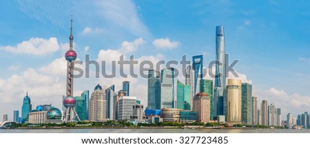 SHANGHAI-September 24, 2015 Oriental Pearl Tower on blue sky background.Tower 470 meter the Oriental Pearl is one of Shanghai\'s tallest buildings, at Lujiazui finance and trade zone in Pudong