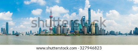 SHANGHAI-September 24, 2015 Oriental Pearl Tower on blue sky background.Tower 470 meter the Oriental Pearl is one of Shanghai's tallest buildings, at Lujiazui finance and trade zone in Pudong