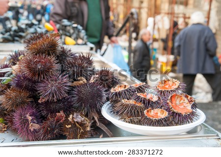 Cut sea urchins laid on a dish for sale in the public fish market of Catania, Sicily