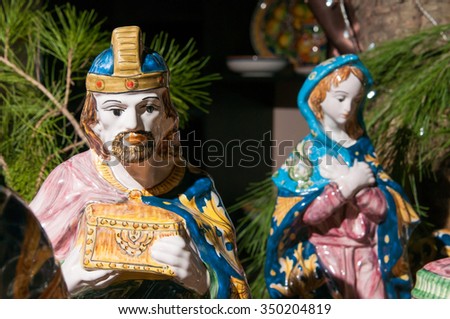 Painted pottery statue portraying one of the three wise men, work by a ceramic artisan in Caltagirone