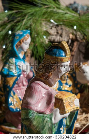 Painted pottery statue portraying one of the three wise men, work by a ceramic artisan in Caltagirone