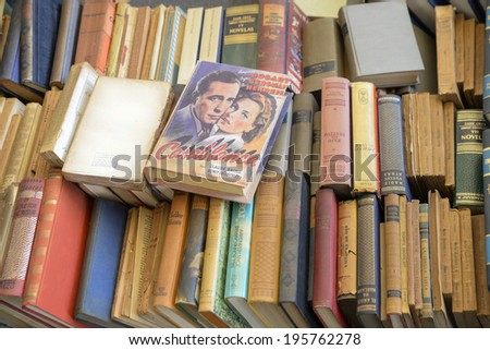 Barcelona, Spain - March 12, 2014: Old books for sale in the most famous flea market in Barcelona, also known as Els Encants or Els Encants Vells, located in Glories neighborhood.