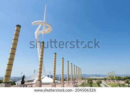 Barcelona, Spain - May 9, 2014: Calatrava\'s telecommunications tower of the olympic village in Barcelona, Catalonia, Spain. The tower is owned by Telefonica