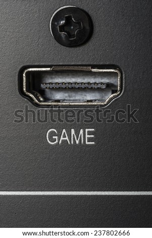 Closeup of HDMI input with the name of game