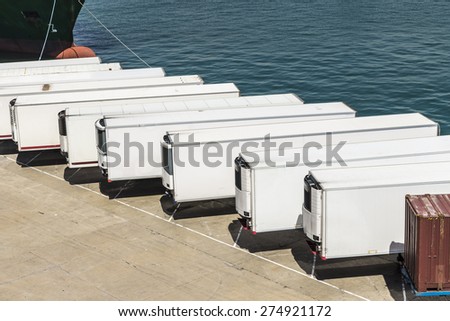 Reefer containers waiting to board at the port of Barcelona, Catalonia, Spain