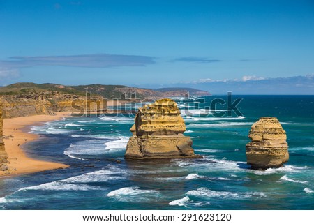 twelve apostles and blue sky in sunny day, Great ocean road, Australia.