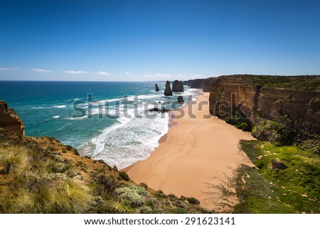 twelve apostles and blue sky in sunny day, Great ocean road, Australia.