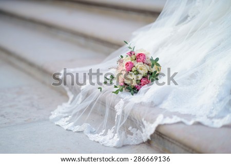 Beautiful wedding colorful bouquet for bride. Beauty of colored flowers. Close-up bunch of florets. Bridal accessories. Female decoration for girl. Details for marriage and for married couple