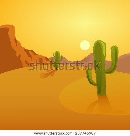 Cartoon illustration of a desert background with cactuses