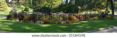 Wide panoramic image of a garden of roses in Turin park Valentino