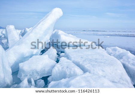 outdoor view of ice blocks at frozen baikal lake in winter